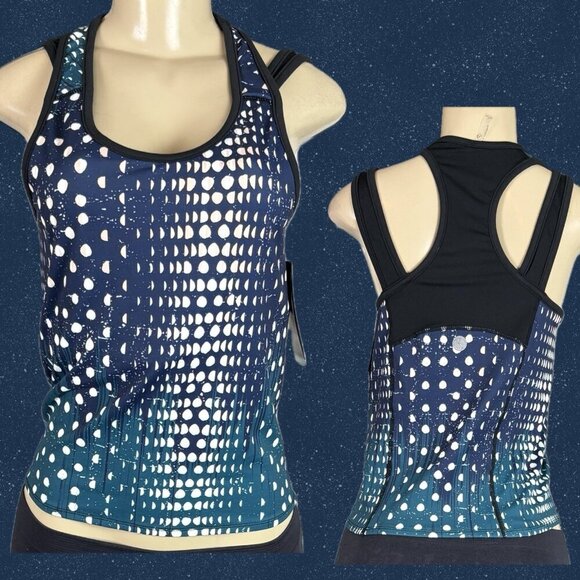 Threads 4 Thought L Navy/Teal Dots Bra Shelf Racerback Double Strap Active Tank - Picture 1 of 6